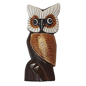 Coruja Entalhe e Pintura Madeira Balsa Marrom e Bege 15cm