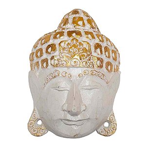 Máscara Cabeça de Buda Madeira Balsa Branca com Dourado 15cm