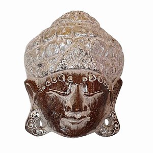 Máscara Cabeça de Buda Madeira Balsa Cinza com Prateado 20cm