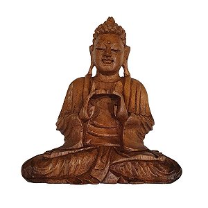 Escultura de Buda Sidarta de Madeira Suar Mudra Equilíbrio 40cm