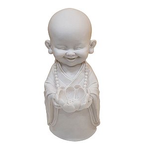 Escultura Monge Castiçal da Felicidade de Pó de Mármore Branco 28cm