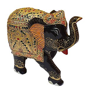 Elefante Indiano Pintado de Resina Preto 20cm