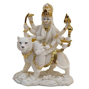 Escultura Durga de Resina Branca com Dourado 20cm