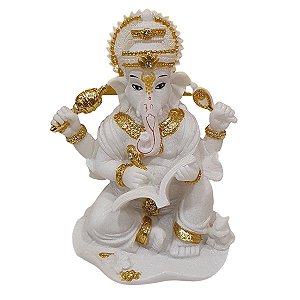 Escultura Ganesha Sabedoria de Resina Branco com Dourado 12cm