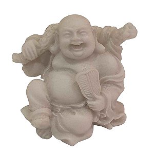Mini Escultura Buda Hotei Saco da Fortuna com Leque de Pó de Mármore 6cm