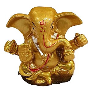Escultura de Ganesha de Resina Dourado Base Redonda Marrom 8cm