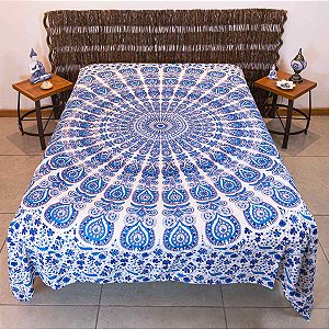 Colcha Indiana Mandala 100% Algodão Azul & Branco