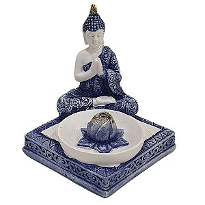 Incensário Buda Resina Azul e Branco 8.5cm