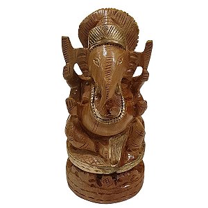 Escultura Ganesha de Madeira Redondo 13cm