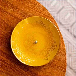 Incensário Redondo de Vidro Flor de Lótus Amarelo e Dourado 13cm