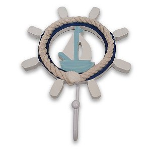 Cabideiro de Madeira Timão Barco Branco e Azul 20cm