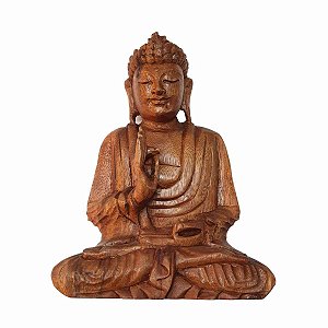 Escultura de Buda Sidarta de Madeira Suar Mudra Proteção 35cm
