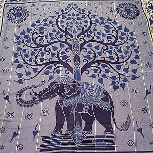 Colcha Indiana com Franjas Casal Árvore da Vida Elefantes 100% Algodão Azul & Off White