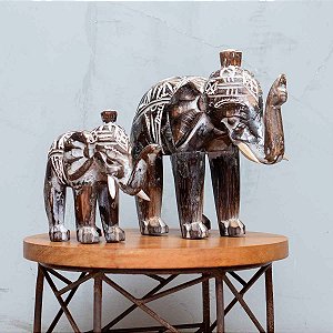 Escultura Elefante Pátina Marrom & Branco Importado de Bali
