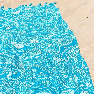 Canga de Praia com Franjas 100% Viscose Azul Turquesa & Branco 1.60mx1.10m