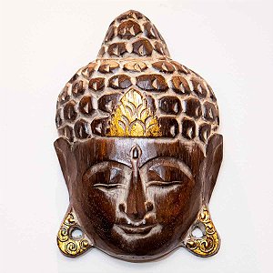 Máscara Buda Sidarta Madeira Balsa Marrom & Dourado Importada de Bali