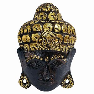 Máscara Cabeça de Buda de Madeira Balsa Marrom com Dourado 18cm