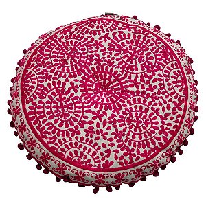 Almofada para Meditação Bordada Redonda Branca com Rosa 40cm