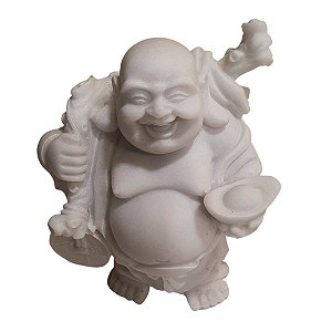 Escultura Buda Hotei com Moeda Pó de Mármore 9cm