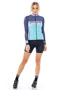 Camisa Slim Feminina de Ciclismo Strong Life Manga Longa Verde com Lilás