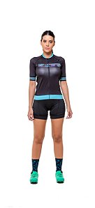 Camisa de Ciclismo Feminina Slim Colorida Estampada - Preto com Azul