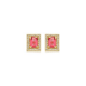 Brinco retangular cristal rosa zircônia ouro semijoia