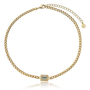 Colar choker corrente cristal azul claro  zircônia ouro semijoia