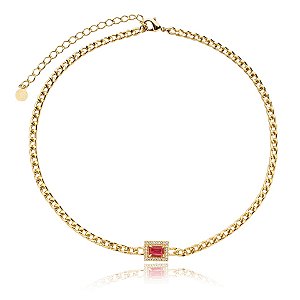 Colar choker corrente cristal rosa zircônia ouro semijoia