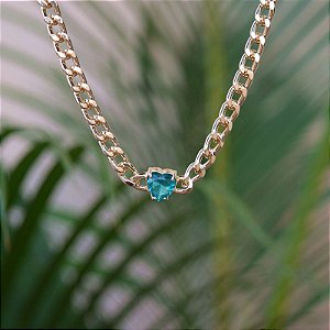 Colar choker corrente coração cristal verde zircônia ouro semijoia