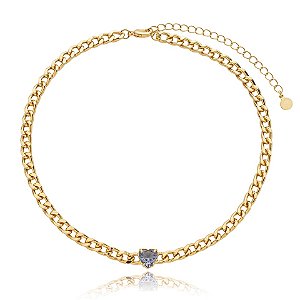 Colar choker corrente coração cristal lilás zircônia ouro semijoia