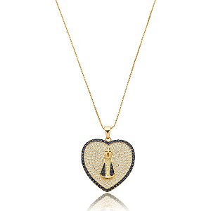 Colar coração Nossa Senhora Aparecida zircônia azul ouro semijoia 1840