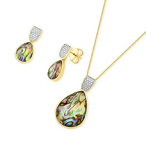 Colar e brinco gota pedra natural abalone zircônia ouro semijoia