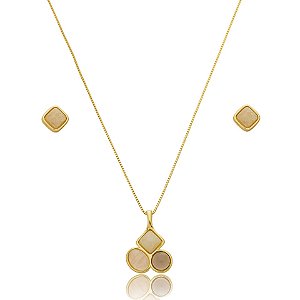 Colar e brinco pedras naturais ouro semijoia