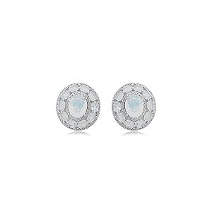Brinco oval cristal branco leitoso ródio semijoia 18k01036