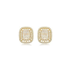 Brinco retangular cristal branco leitoso ouro semijoia