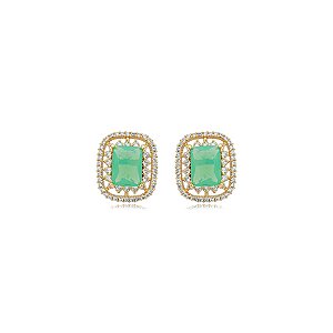 Brinco retangular cristal verde leitoso ouro semijoia