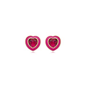 Brinco coração esmaltado cristal rosa ouro semijoia 21a04016