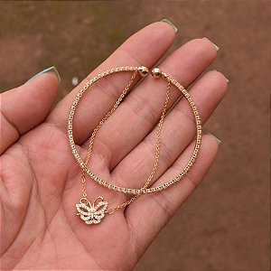 Bracelete duplo zircônia borboleta ouro semijoia