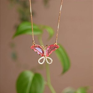 Colar borboleta cristal rosa zircônia ouro semijoia