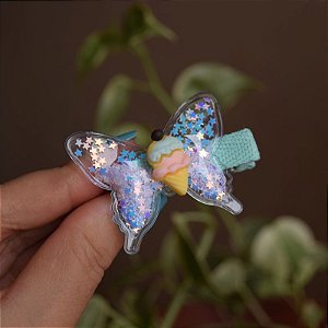 Presilha bico de pato infantil borboleta transparente com sorvete