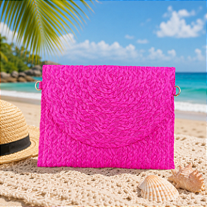 Bolsa Carteira Palha Rosa Pink com Alça Removível