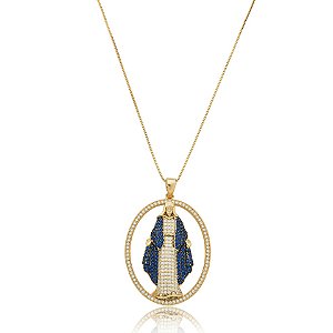 Colar Nossa Senhora das Graças zircônia azul ouro semijoia XL 1960