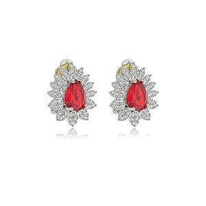Brinco pressão gota cristal vermelho ródio semijoia