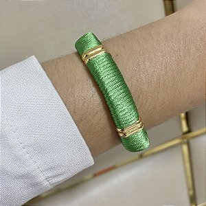 Pulseira tecido verde com dourado