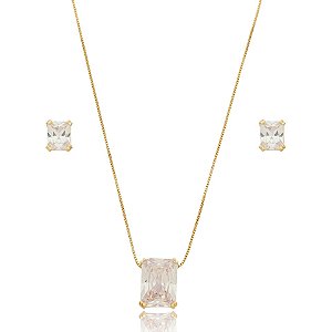 Colar e brinco retangular cristal ouro semijoia 21k03015