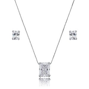 Colar e brinco retangular cristal ródio semijoia 21k03015