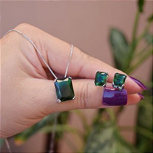 Colar e brinco retangular cristal verde esmeralda ródio semijoia 21k03015