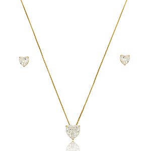 Colar e brinco coração zircônia ouro semijoia 09a10092