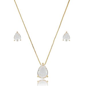 Colar e brinco gota zircônia ouro semijoia 16k07008