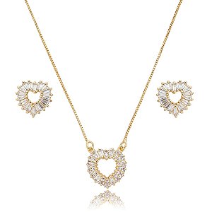 Colar e brinco coração zircônia baguete ouro semijoia 21k03012